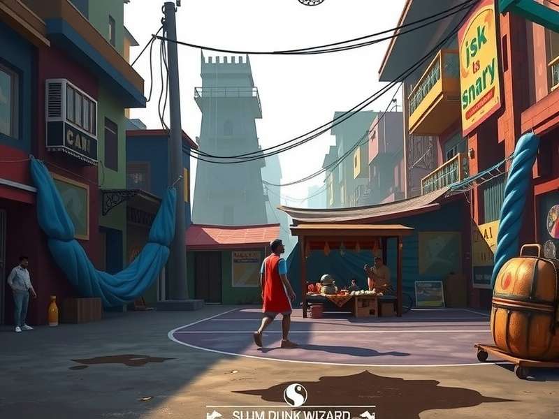 Slum Dunk Wizard in-game street court with Indian slum backdrop and chai stall
