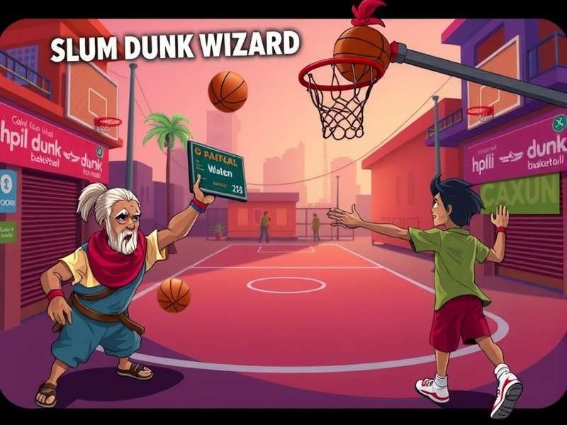 Slum Dunk Wizard Game Banner featuring Indian street basketball courts and characters